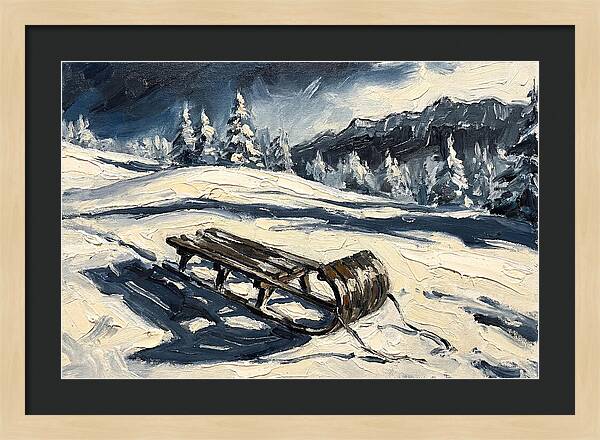 Vintage Wooden Toboggan On Snowy Hillside