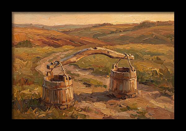 Vintage Wooden Yoke Against Rolling Hills