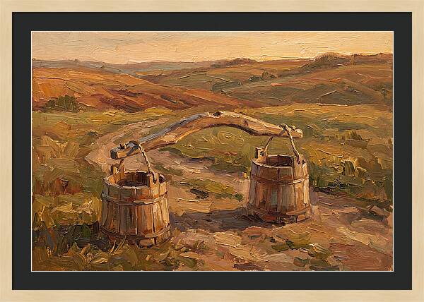 Vintage Wooden Yoke Against Rolling Hills