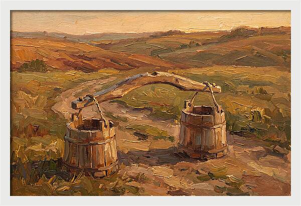 Vintage Wooden Yoke Against Rolling Hills