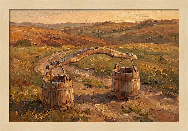 Vintage Wooden Yoke Against Rolling Hills