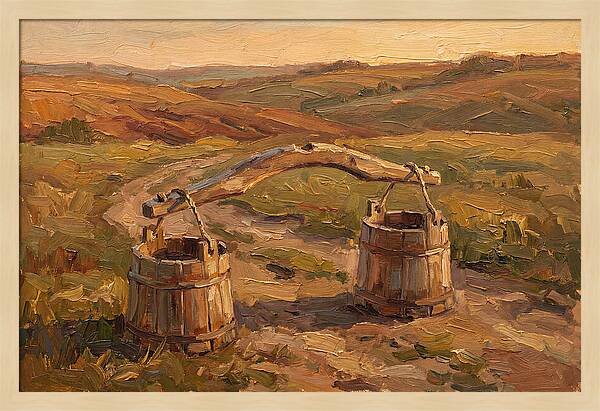 Vintage Wooden Yoke Against Rolling Hills