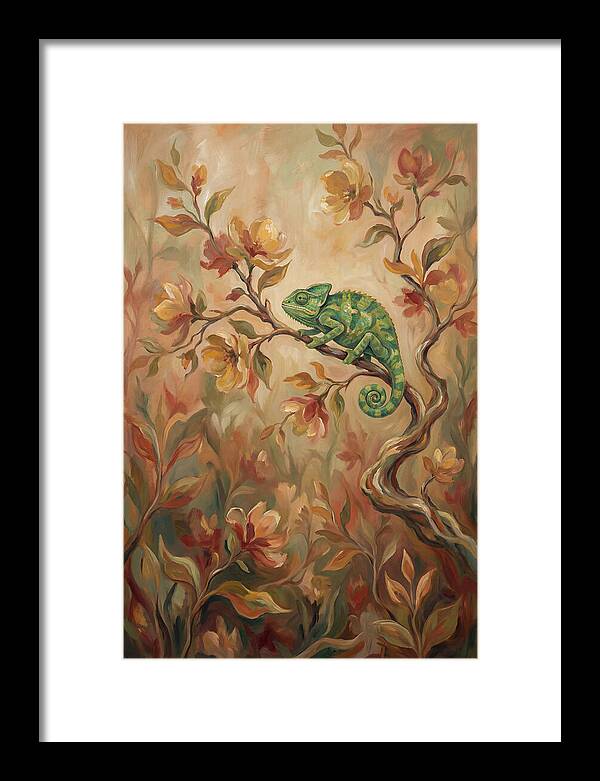 Vivid Green Chameleon Among Blossoms