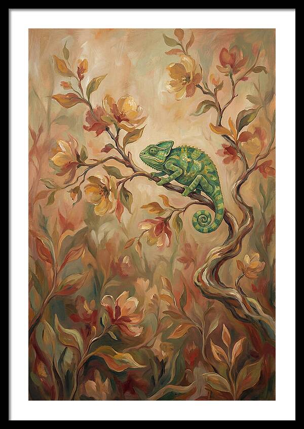 Vivid Green Chameleon Among Blossoms