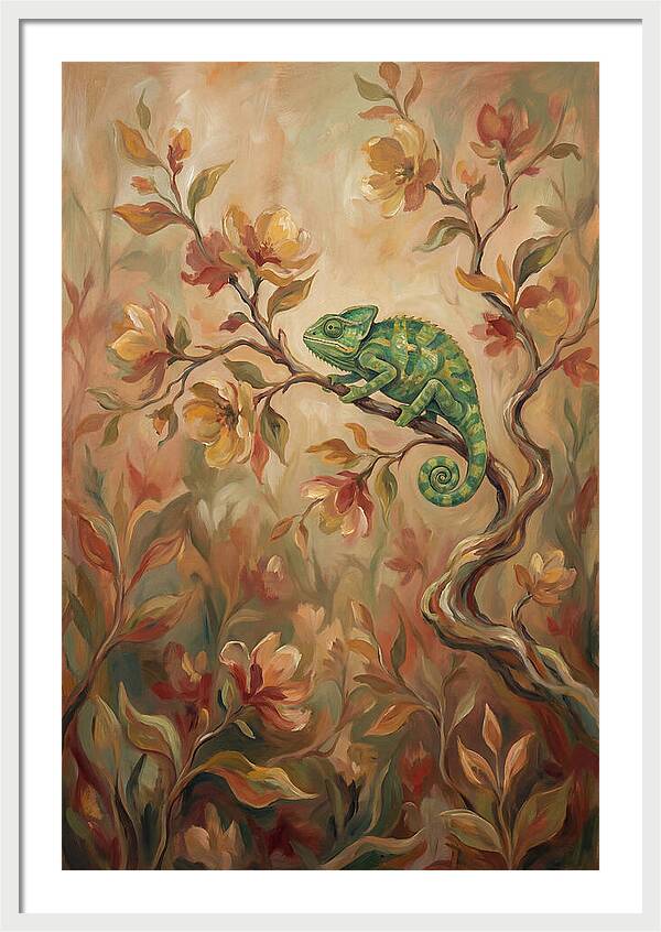 Vivid Green Chameleon Among Blossoms