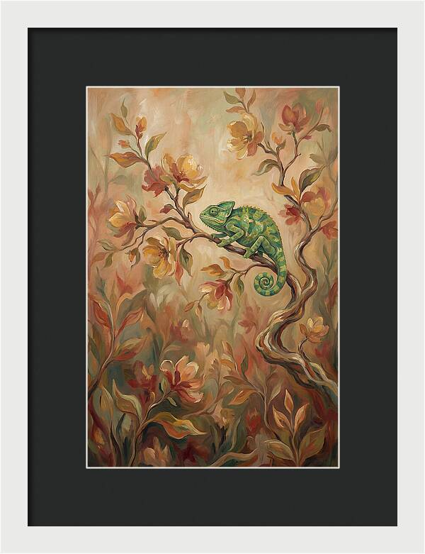 Vivid Green Chameleon Among Blossoms