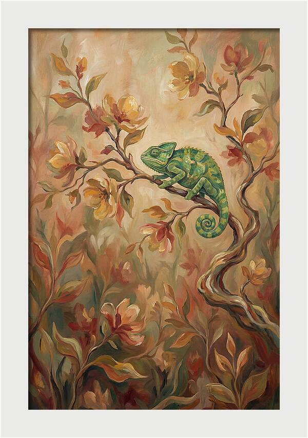 Vivid Green Chameleon Among Blossoms