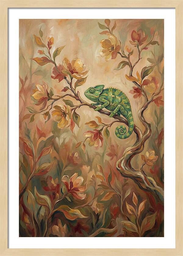 Vivid Green Chameleon Among Blossoms