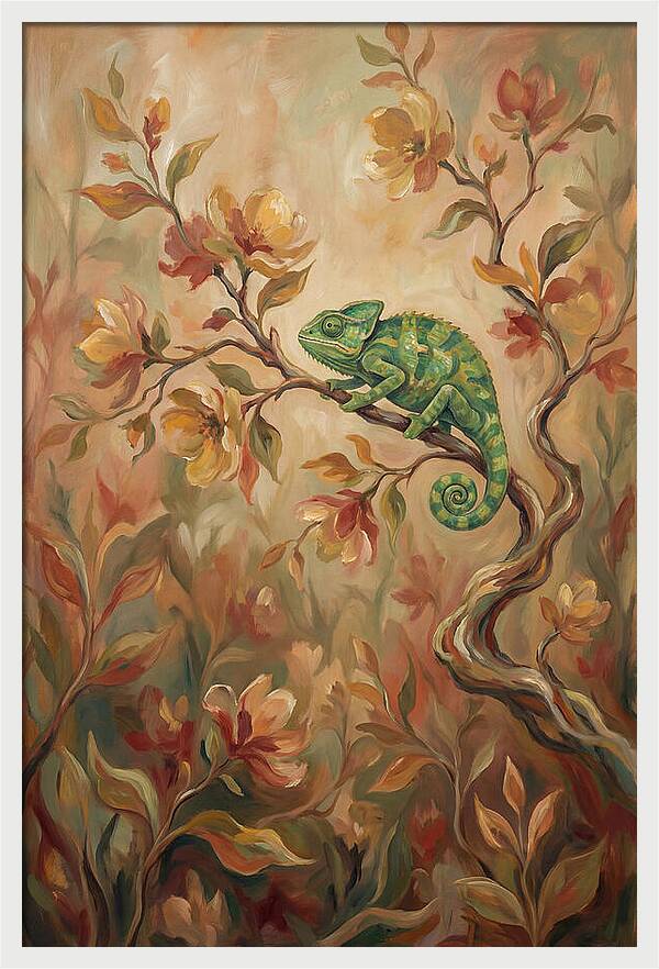 Vivid Green Chameleon Among Blossoms