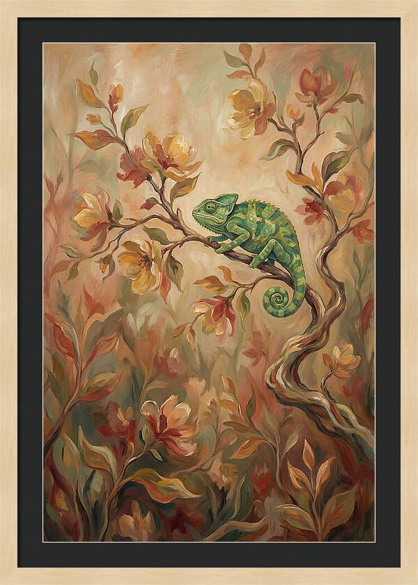 Vivid Green Chameleon Among Blossoms