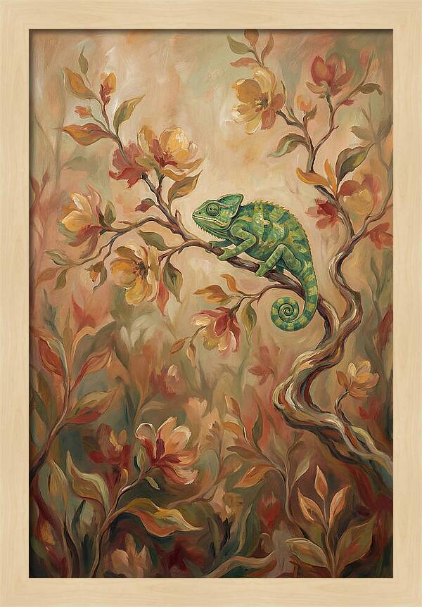 Vivid Green Chameleon Among Blossoms