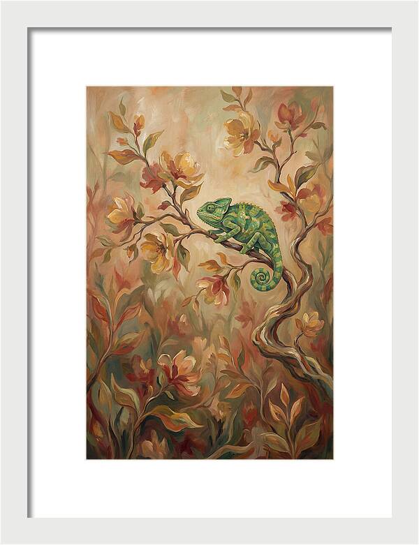Vivid Green Chameleon Among Blossoms