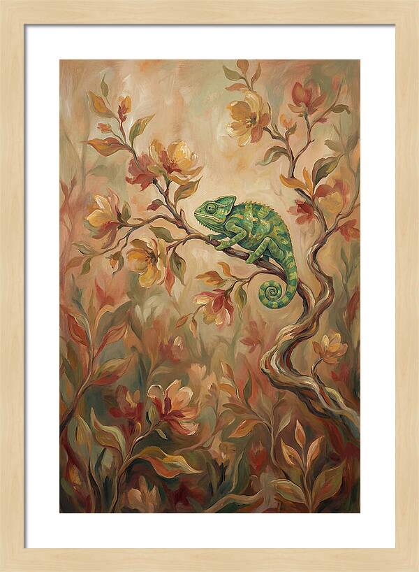 Vivid Green Chameleon Among Blossoms