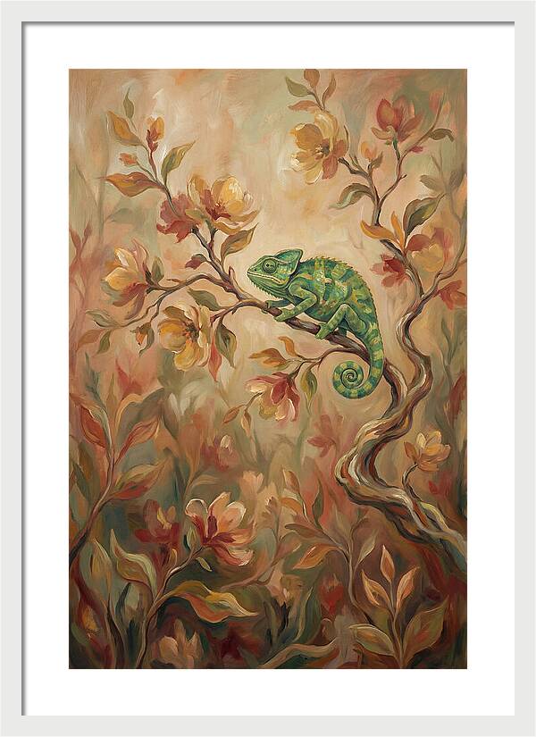 Vivid Green Chameleon Among Blossoms