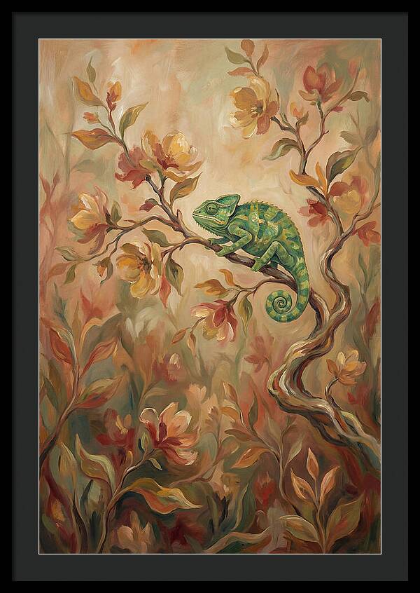 Vivid Green Chameleon Among Blossoms