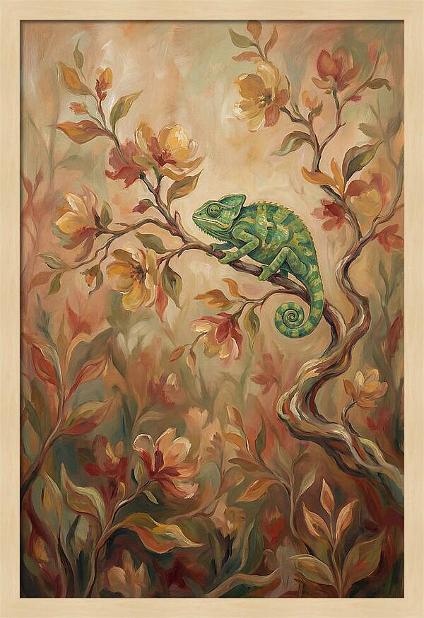 Vivid Green Chameleon Among Blossoms
