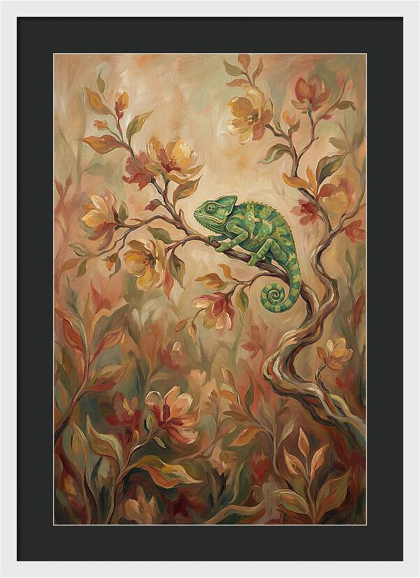 Vivid Green Chameleon Among Blossoms