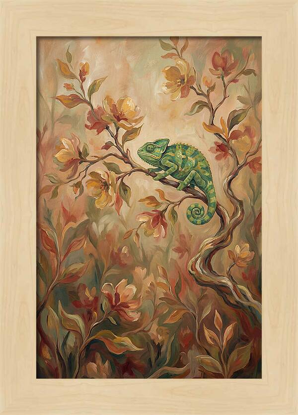 Vivid Green Chameleon Among Blossoms