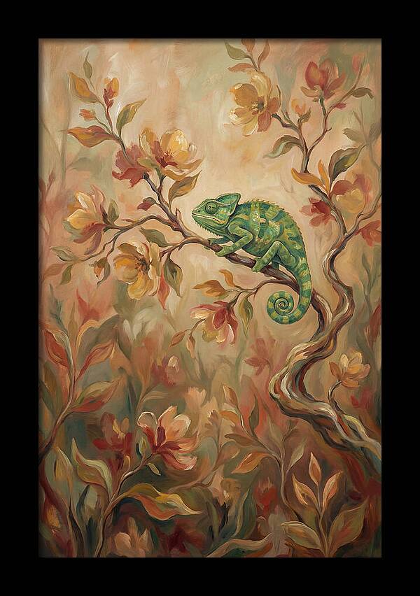 Vivid Green Chameleon Among Blossoms
