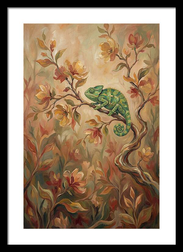 Vivid Green Chameleon Among Blossoms