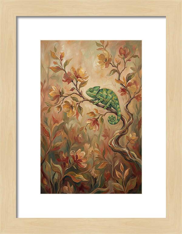 Vivid Green Chameleon Among Blossoms