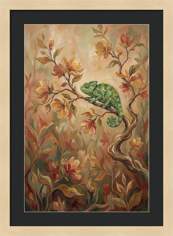 Vivid Green Chameleon Among Blossoms