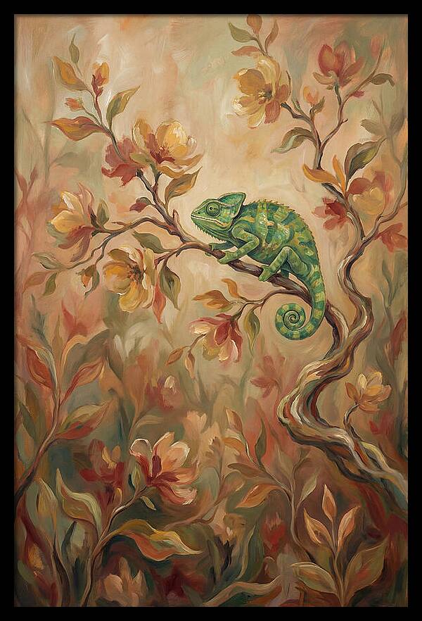 Vivid Green Chameleon Among Blossoms