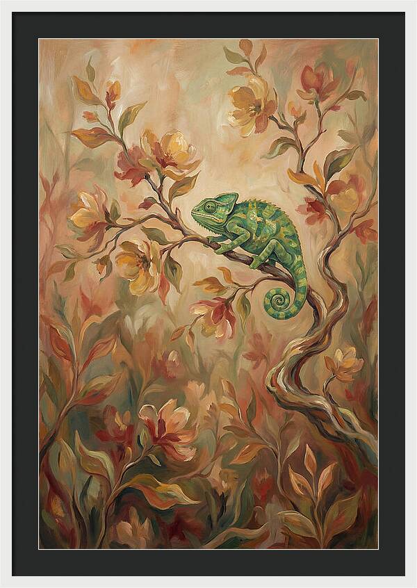 Vivid Green Chameleon Among Blossoms