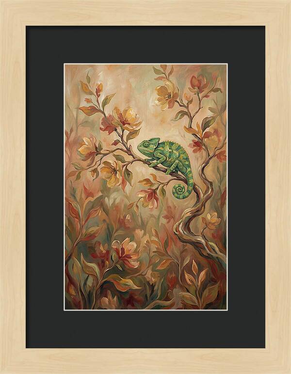 Vivid Green Chameleon Among Blossoms