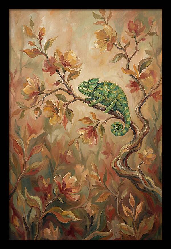 Vivid Green Chameleon Among Blossoms