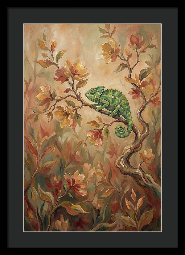 Vivid Green Chameleon Among Blossoms
