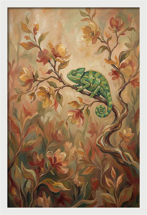 Vivid Green Chameleon Among Blossoms