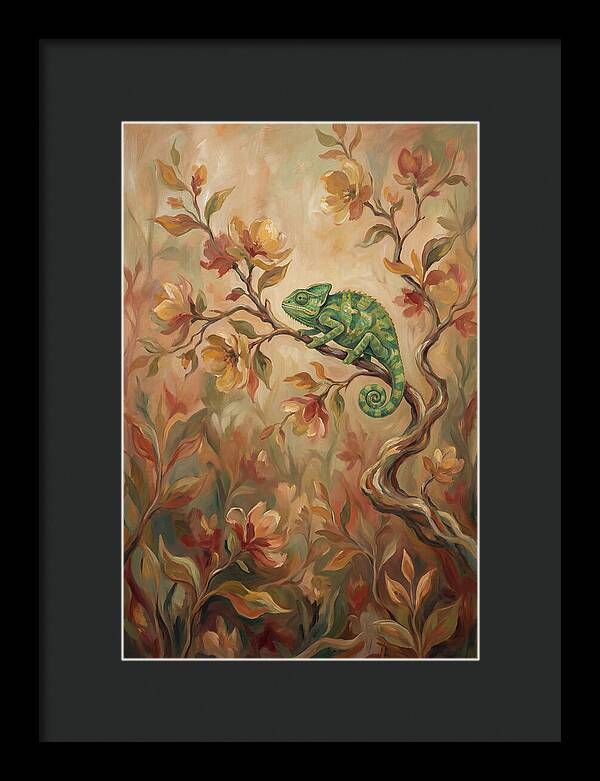 Vivid Green Chameleon Among Blossoms