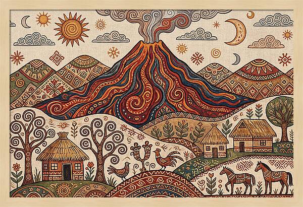 Volcanic Landscape In Folk Art