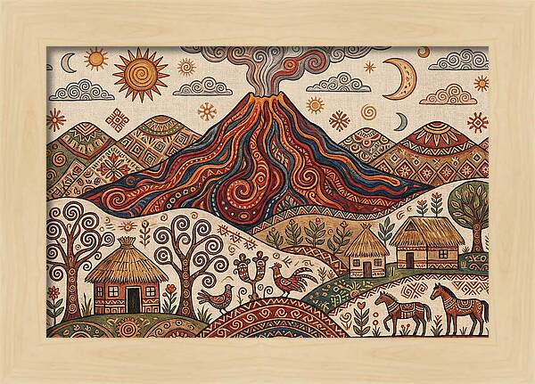 Volcanic Landscape In Folk Art