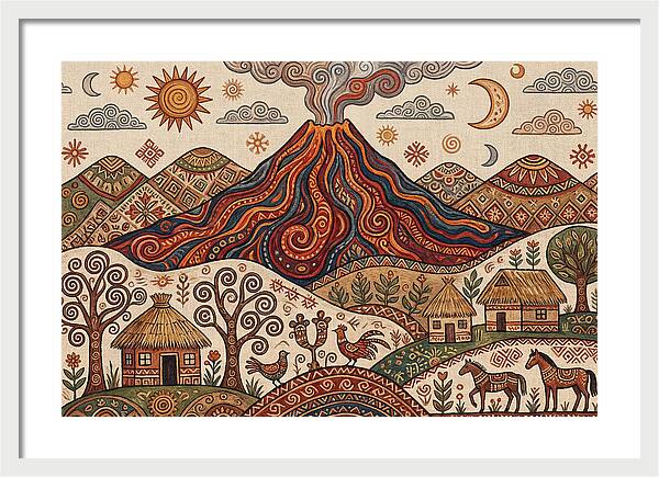 Volcanic Landscape In Folk Art
