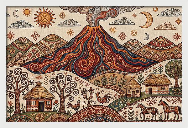 Volcanic Landscape In Folk Art