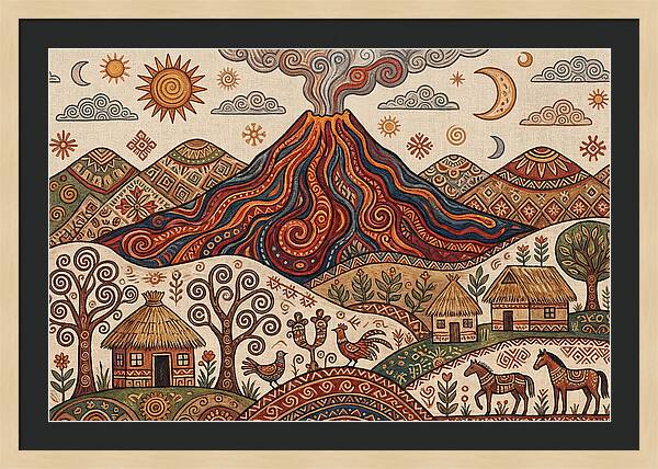 Volcanic Landscape In Folk Art