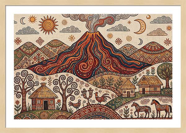 Volcanic Landscape In Folk Art