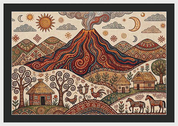 Volcanic Landscape In Folk Art