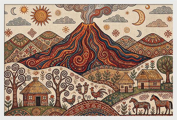 Volcanic Landscape In Folk Art