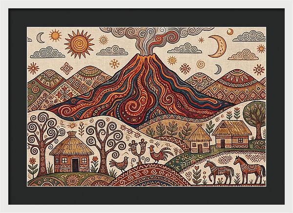 Volcanic Landscape In Folk Art