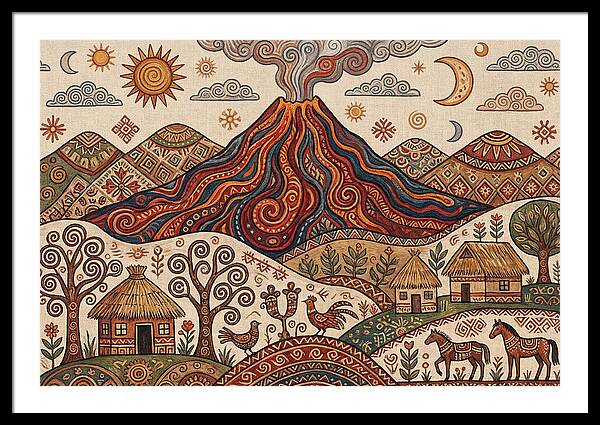 Volcanic Landscape In Folk Art
