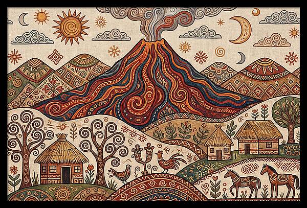 Volcanic Landscape In Folk Art