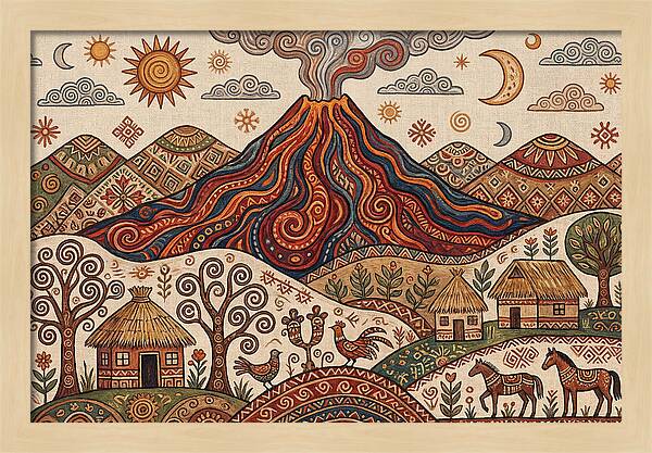 Volcanic Landscape In Folk Art