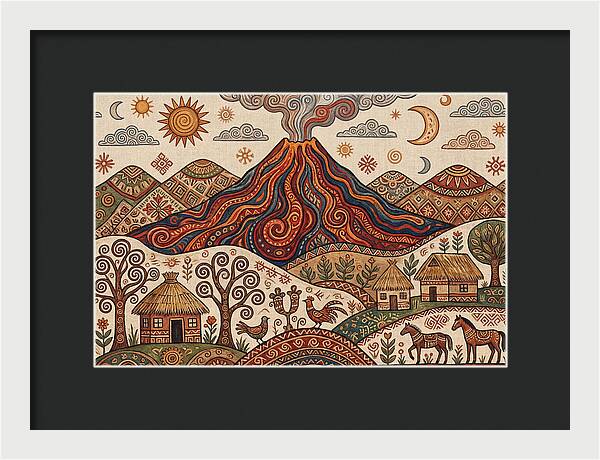 Volcanic Landscape In Folk Art