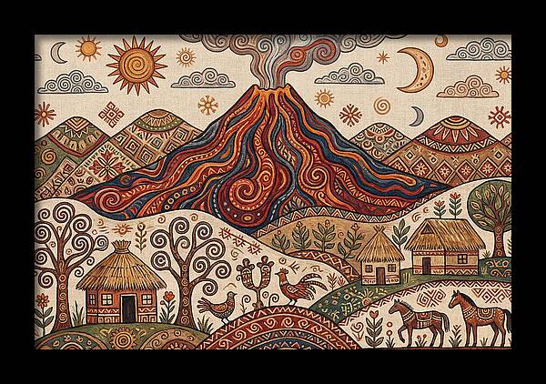 Volcanic Landscape In Folk Art