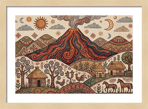 Volcanic Landscape In Folk Art