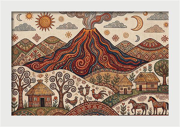 Volcanic Landscape In Folk Art