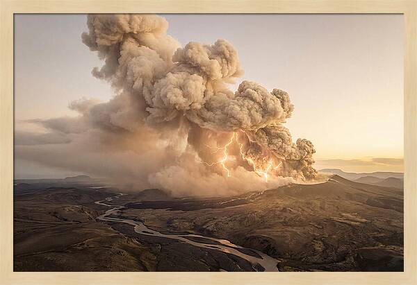 Volcanic Lightning Over Eruption